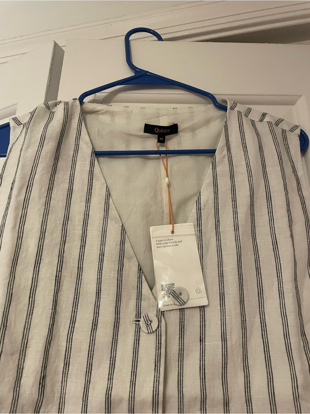 Quince Striped V-Neck Linen Top in White and Navy - Picture 2 of 3
